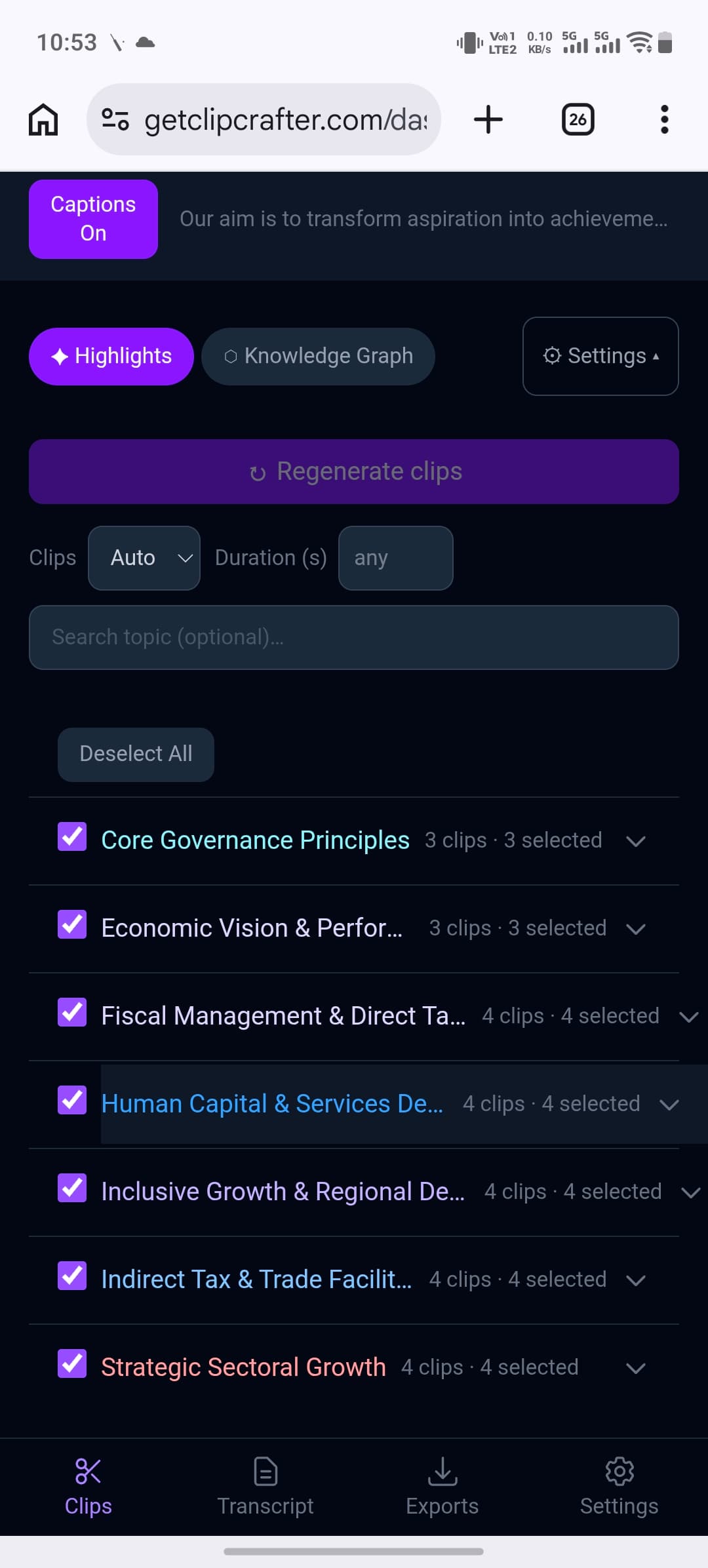 ClipCrafter clips list grouped by topic