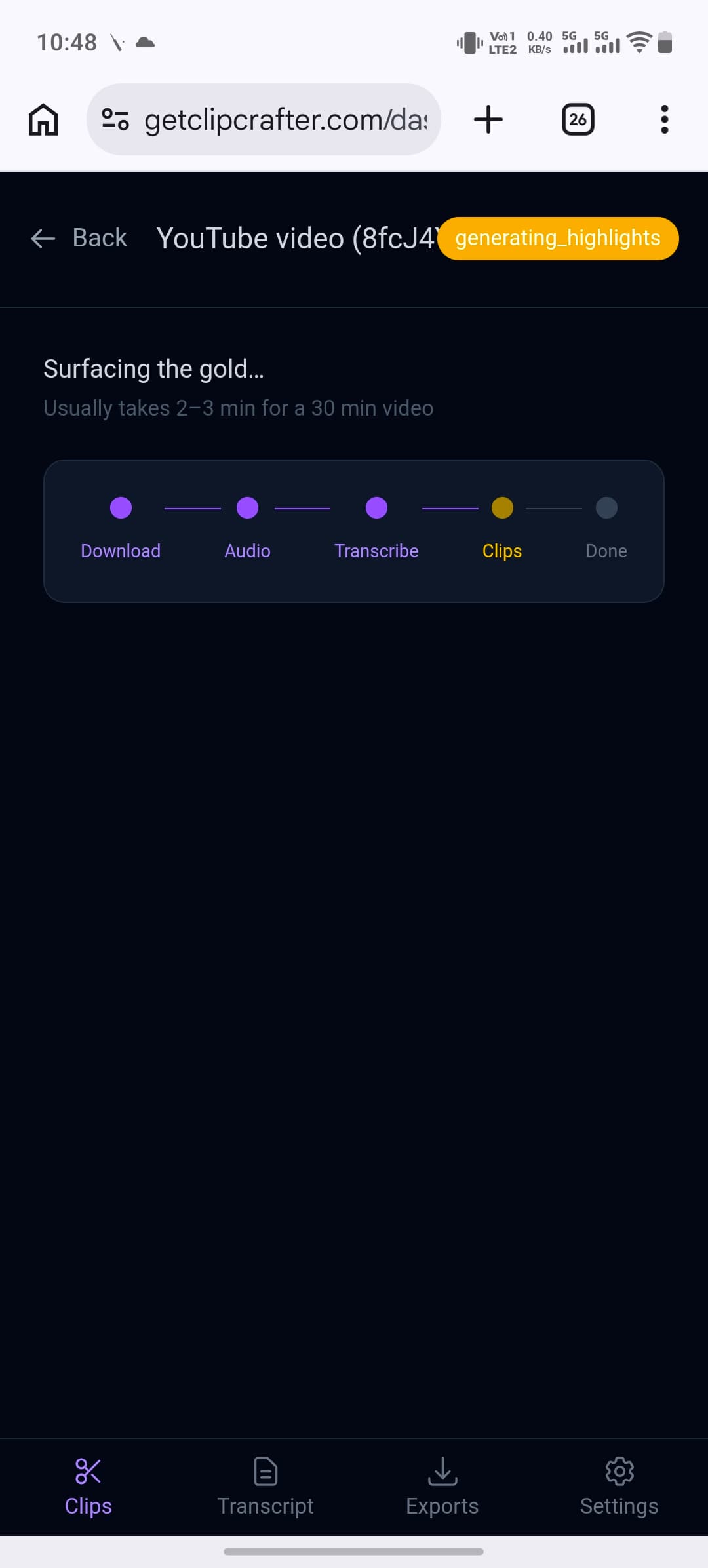 ClipCrafter processing: Download → Audio → Transcribe → Clips → Done